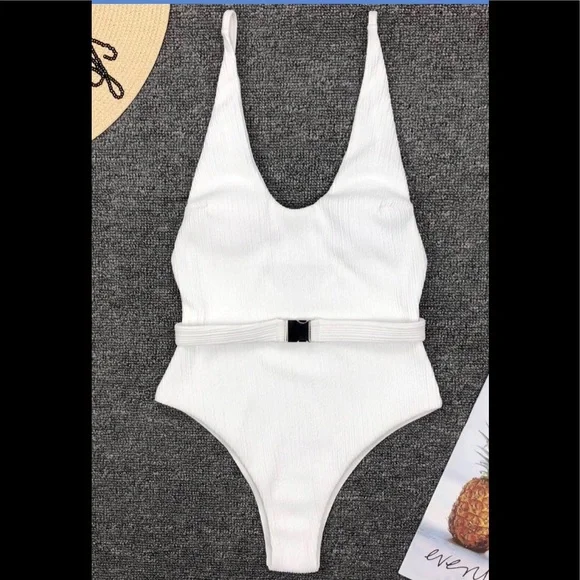 White Belted One Piece Swimsuit - Picture 4 of 17